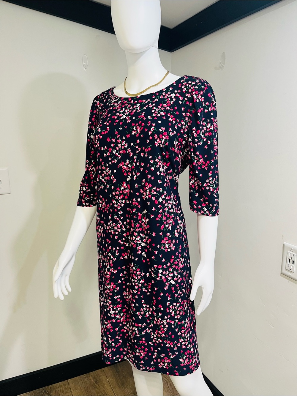 Tommy Hilfiger Navy Midi Dress with Pink Floral Scatter